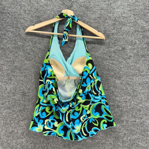 Tropical Escape Tankini Top Women 14 Blue Floral Sleeveless Halter Neck Push Up - Picture 2 of 6